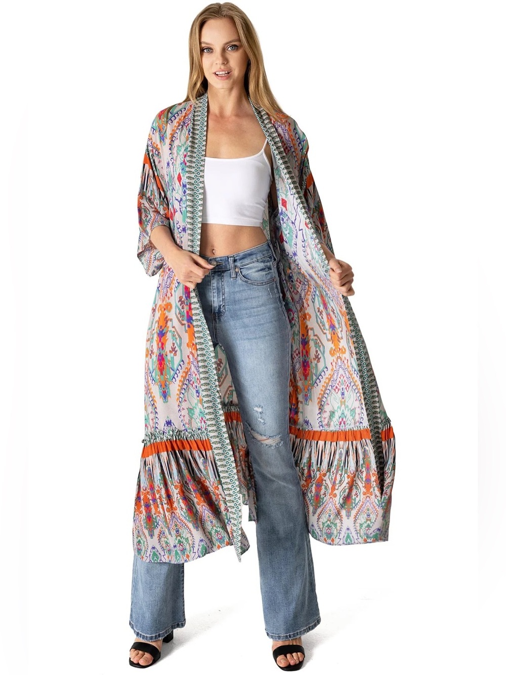 Breezy Lane Bohemian Indio Floral Desert Kimono Maxi Orange Multicolor O/S Boho